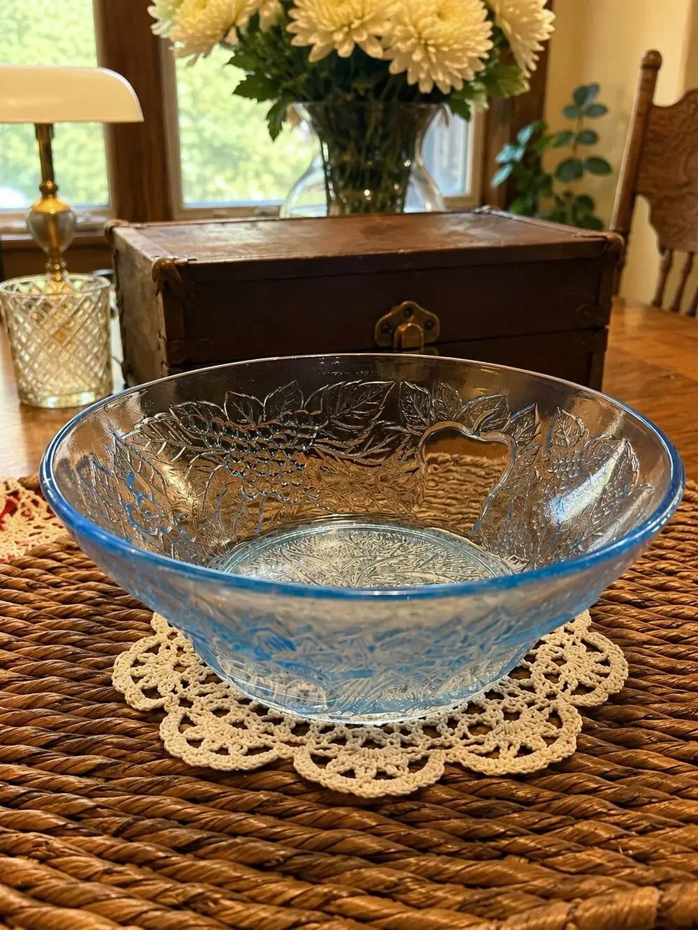 Vintage KIG Indonesia Ice Blue Glass Serving Bowl Fruit Design